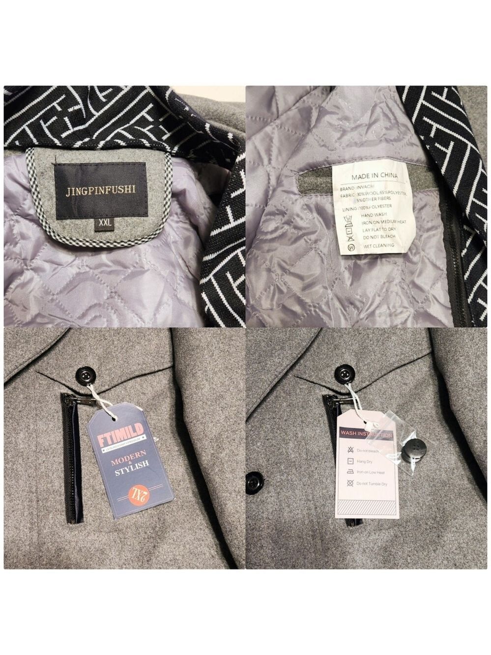 Amazon Wool Blend Detachable Scarf Mens Collar Trench Pea Coat Grey 2X-Large - Picture 6 of 8
